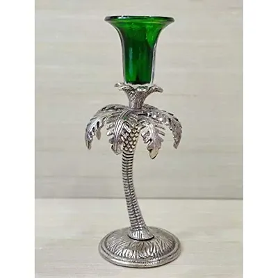 GiftNagri Metal Handicraft Silver Plated Palm Tree Design Antique Look Glass Candle Tealight Holder Green Color Home Decor Decorative Showpiece For Home Living Room Church Office Shop Counter Decoration