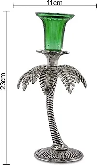 GiftNagri Metal Handicraft Silver Plated Palm Tree Design Antique Look Glass Candle Tealight Holder Green Color Home Decor Decorative Showpiece For Home Living Room Church Office Shop Counter Decoration-thumb2