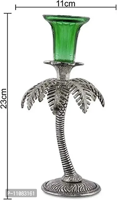 GiftNagri Metal Handicraft Silver Plated Palm Tree Design Antique Look Glass Candle Tealight Holder Green Color Home Decor Decorative Showpiece For Home Living Room Church Office Shop Counter Decoration-thumb3