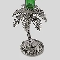 GiftNagri Metal Handicraft Silver Plated Palm Tree Design Antique Look Glass Candle Tealight Holder Green Color Home Decor Decorative Showpiece For Home Living Room Church Office Shop Counter Decoration-thumb3