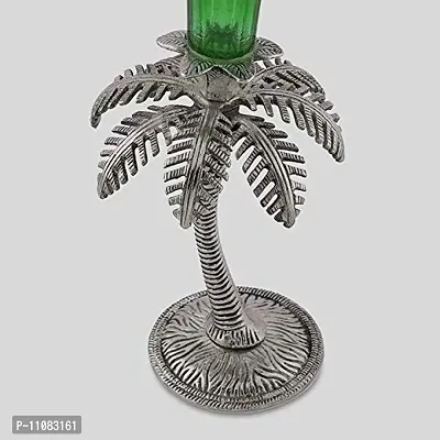 GiftNagri Metal Handicraft Silver Plated Palm Tree Design Antique Look Glass Candle Tealight Holder Green Color Home Decor Decorative Showpiece For Home Living Room Church Office Shop Counter Decoration-thumb4