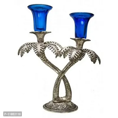 GiftNagri Metal Handicraft Silver Plated Palm Tree Design Antique Look Glass Candle Tealight Holder Blue Color Home Decor Decorative Showpiece For Home Living Room Church Office Shop Counter Decoration-thumb3