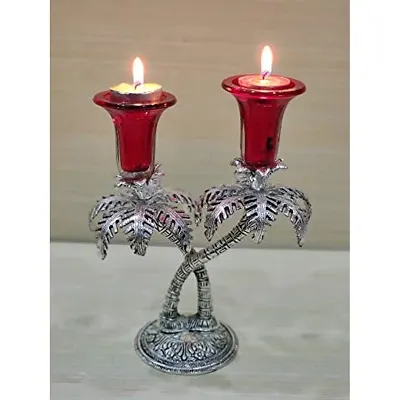 GiftNagri Metal Handicraft Silver Plated Palm Tree Design Antique Look Glass Candle Tealight Holder Red Color Home Decor Decorative Showpiece For Home Living Room Church Office Shop Counter Decoration