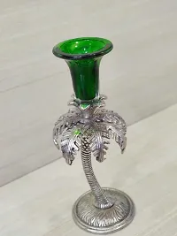 GiftNagri Metal Handicraft Silver Plated Palm Tree Design Antique Look Glass Candle Tealight Holder Green Color Home Decor Decorative Showpiece For Home Living Room Church Office Shop Counter Decoration-thumb4