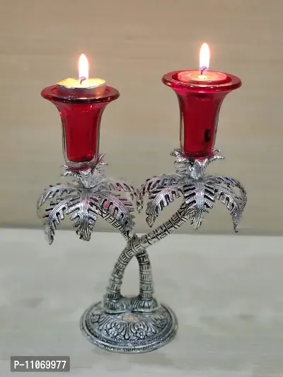 GiftNagri Metal Handicraft Silver Plated Palm Tree Design Antique Look Glass Candle Tealight Holder Red Color Home Decor Decorative Showpiece For Home Living Room Church Office Shop Counter Decoration-thumb0
