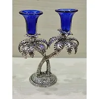 GiftNagri Metal Handicraft Silver Plated Palm Tree Design Antique Look Glass Candle Tealight Holder Blue Color Home Decor Decorative Showpiece For Home Living Room Church Office Shop Counter Decoration-thumb1