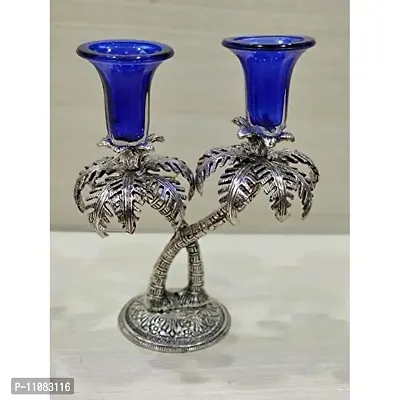 GiftNagri Metal Handicraft Silver Plated Palm Tree Design Antique Look Glass Candle Tealight Holder Blue Color Home Decor Decorative Showpiece For Home Living Room Church Office Shop Counter Decoration-thumb2
