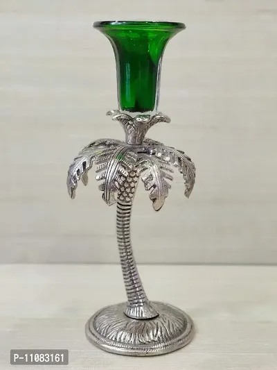 GiftNagri Metal Handicraft Silver Plated Palm Tree Design Antique Look Glass Candle Tealight Holder Green Color Home Decor Decorative Showpiece For Home Living Room Church Office Shop Counter Decoration-thumb0