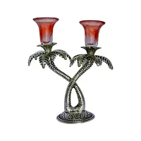 GiftNagri Metal Handicraft Silver Plated Palm Tree Design Antique Look Glass Candle Tealight Holder Red Color Home Decor Decorative Showpiece For Home Living Room Church Office Shop Counter Decoration-thumb1
