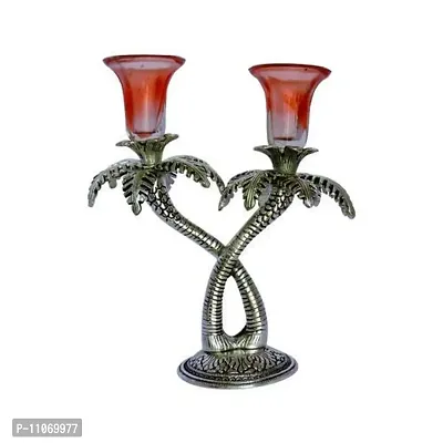 GiftNagri Metal Handicraft Silver Plated Palm Tree Design Antique Look Glass Candle Tealight Holder Red Color Home Decor Decorative Showpiece For Home Living Room Church Office Shop Counter Decoration-thumb2