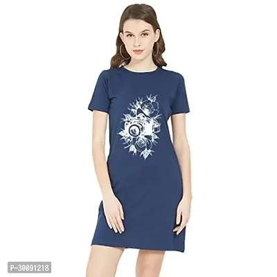 Stylish Navy Blue Cotton Blend Printed T-shirt Dress For Women