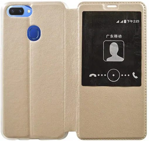 Coverblack Grip Case Artificial Leather,Plastic Flip Cover For Realme Rmx1805 , Realme_2Golden