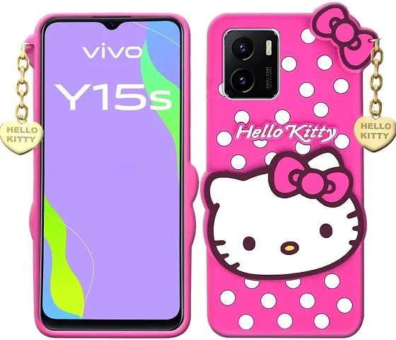 Miss India Back Cover Vivo Y15S Soft Silicone Rubber Girls Favourite Cute Cat Kitty with Pendant Case Vivo Y15S (Pink)