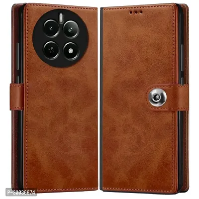 Coverblack Genuine Leather Finish Flip Cover For Realme 12Pro 5GRmx3842 | Inside Back Tpu Wallet Button Magnetic Closure For Realme 12 Pro 5G Brown-thumb2