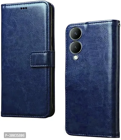 Coverblack Dual Protection Artificial Leather,Rubber Flip Cover For Vivo Y28 5GNavy Blue