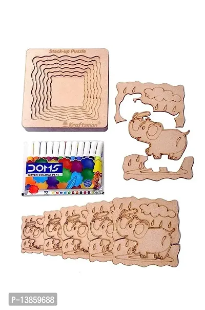 Stylish Fancy Wood Stack Up Puzzles- Layered Puzzle For Kids - Color Kit Included - 18 Pieces Puzzles (Happy Elephant)-thumb0