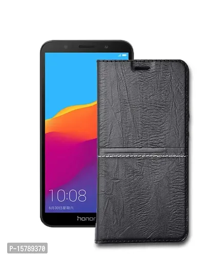 MARSHLAND Flip Cover for Huawei Honor 7A Leather Flip Cover Dual Protection Inner Soft Silicon Wallet case (Black)