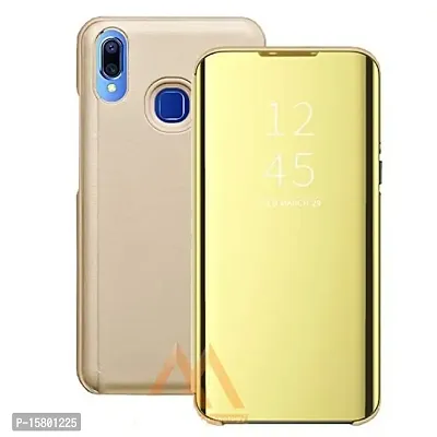 MARSHLAND Luxury Clear View Standing Mirror Kickstand Design Stylish Flip Cover Compatible for Vivo Y91 (Gold)