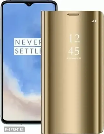 MARSHLAND Luxury Clear View Soft Silicon Standing Mirror Kickstand Design Stylish Flip Cover Compatible for Oneplus 7T (Gold)-thumb0