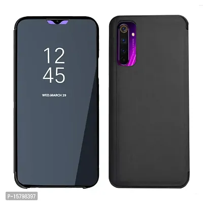 MARSHLAND Luxury Clear View Standing Mirror Kickstand Design Flip Cover Compatible with Realme 6 Pro (Black)