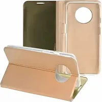 MARSHLAND Luxury Clear View Soft Silicon Standing Mirror Kickstand Design Stylish Flip Cover Compatible for Oneplus 7T (Gold)-thumb2