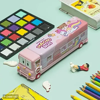 School Bus Pencil Box (Pink Color) Geometry Box with Sharpener Cartoon Printed Dual Compartment Space Bus AA-thumb3