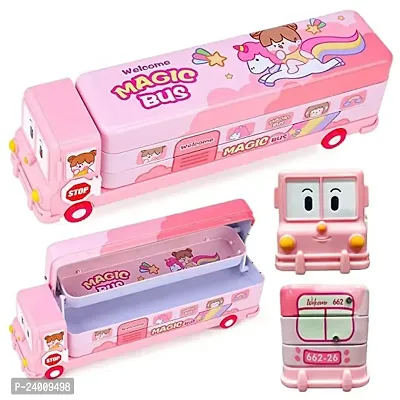 School Bus Pencil Box (Pink Color) Geometry Box with Sharpener Cartoon Printed Dual Compartment Space Bus AF-thumb0