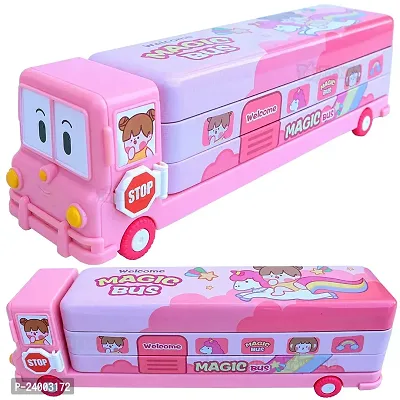 School Bus Pencil Box (Pink Color) Geometry Box with Sharpener Cartoon Printed Dual Compartment Space Bus AB-thumb0