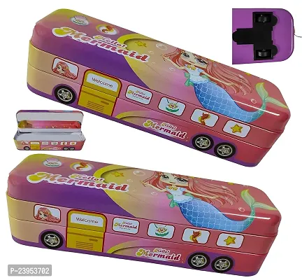 Bus Shape Pencil Box with Wheel Pull and Move Pencil Box (Hellow Mermaid Pink)-thumb0