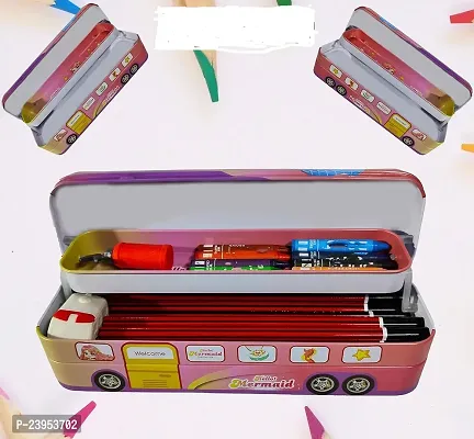 Bus Shape Pencil Box with Wheel Pull and Move Pencil Box (Hellow Mermaid Pink)-thumb3