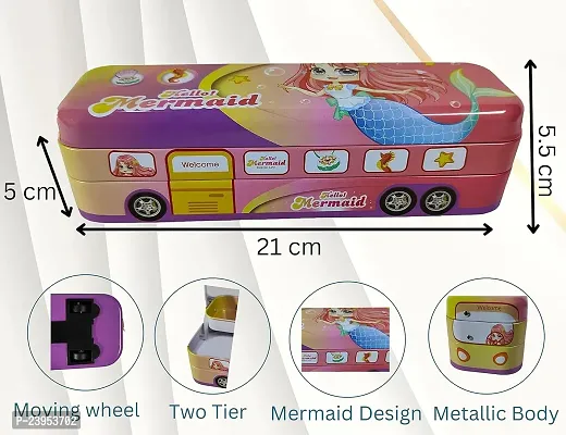 Bus Shape Pencil Box with Wheel Pull and Move Pencil Box (Hellow Mermaid Pink)-thumb4