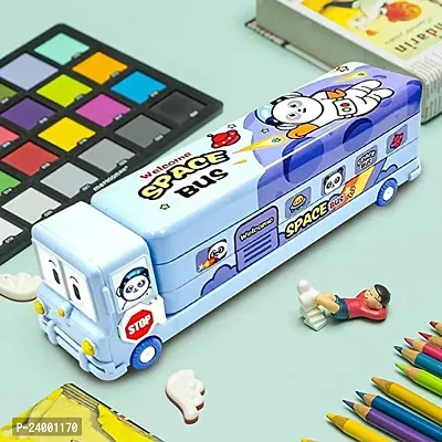 School Bus Pencil Box (Blue Color) Geometry Box with Sharpener Cartoon Printed Dual Compartment Space Bus-thumb3