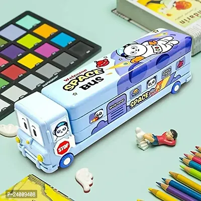 School Bus Pencil Box (Blue Color) Geometry Box with Sharpener Cartoon Printed Dual Compartment Space Bus AD-thumb3