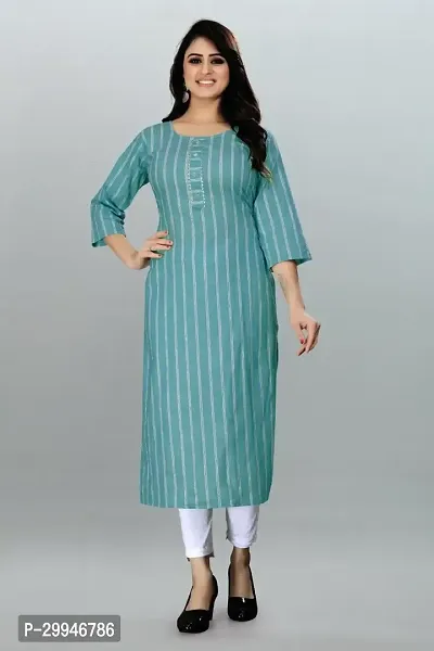 Straight Green Striped Poly Cotton Kurta For Women