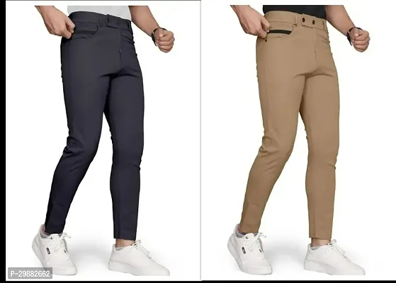 Stylish Multicoloured Cotton Solid Trouser For Men Pack Of 2