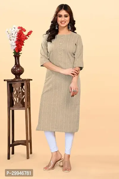 Straight Beige Striped Poly Cotton Kurta For Women-thumb0