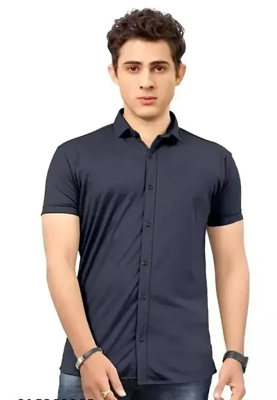 THE COLLAR FITT Men's Stylish Lycra Plain Solid Reguler Fir Half Sleeve Spread Collar Casual Shirt (L, Dark Blue)