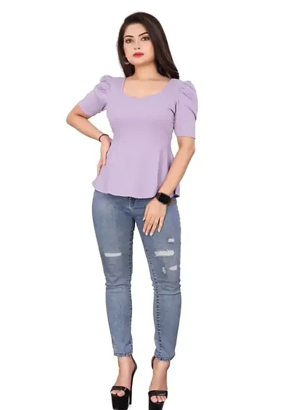 CRYSTON Women's Casual Lycra Blend V-Neck Puff Half Sleeves Solid, Stylish Peplum Top Crop Top (Pack of 1) (S, Lavender)