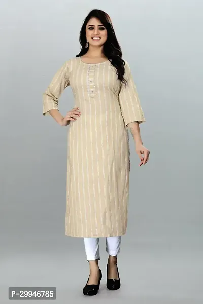 Straight Beige Striped Poly Cotton Kurta For Women-thumb0