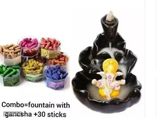 Stylish Combo Pack With Smoke Backflow Fountain Incense Holder Ganesha Idols Mukut Showpiece Figurine With Free 10 Backflow Incense Sticks Cones-thumb0