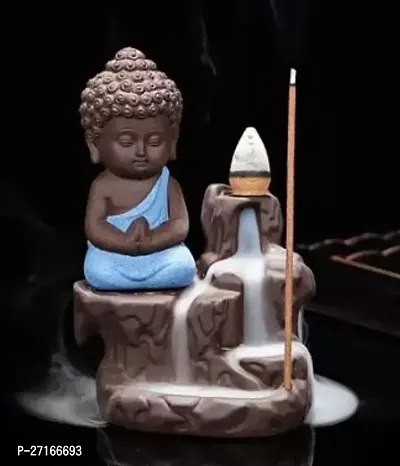 Stylish Meditating Monk Buddha Smoke Backflow Cone Incense Holder Decorative Showpiece With 10 Free Smoke Backflow Scented Cone Incenses-thumb0