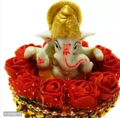 Stylish Lord Ganesha Idol On Decorative Handcrafted Plate With Red Flowers-thumb0