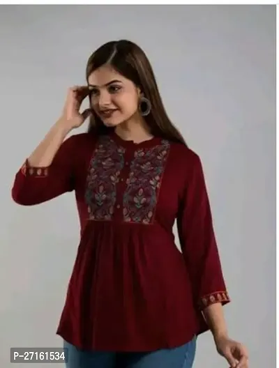 Elegant Maroon Viscose Rayon Embroidered Top For Women