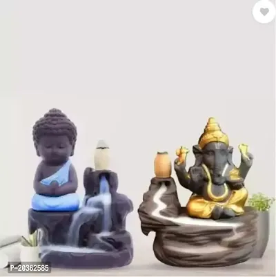 Hand Crafted Blue Buddha  Gold Ganesh Combo Backflow Waterfall Smoke Fountain with 30 Smoke Cone. Idols  Figurines-thumb0