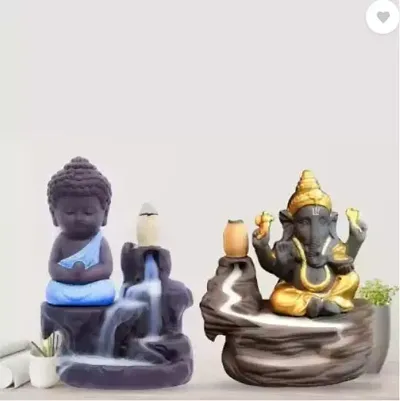 Hand Crafted Blue Buddha  Gold Ganesh Combo Backflow Waterfall Smoke Fountain with 30 Smoke Cone. Idols  Figurines