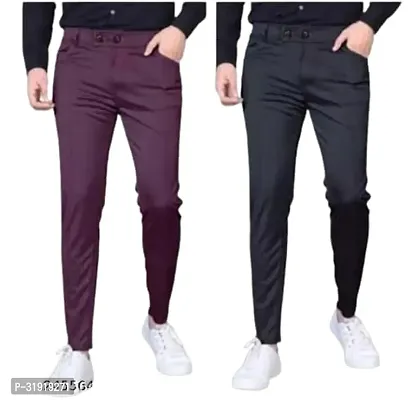 Stylish Multicoloured Cotton Blend Solid Regular Trousers For Men Pack Of 2-thumb0