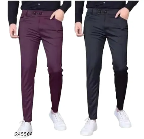 Stylish Multicoloured Lyocell Solid Casual Trousers For Men Pack Of 2