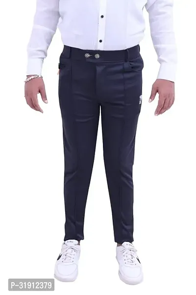 Stylish Navy Blue Polyester Spandex Solid Regular Trousers For Men-thumb0