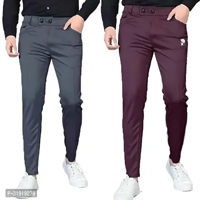 Stylish Multicoloured Cotton Blend Solid Regular Trousers For Men Pack Of 2-thumb0