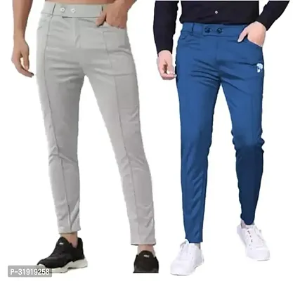 Stylish Multicoloured Cotton Blend Solid Regular Trousers For Men Pack Of 2-thumb0